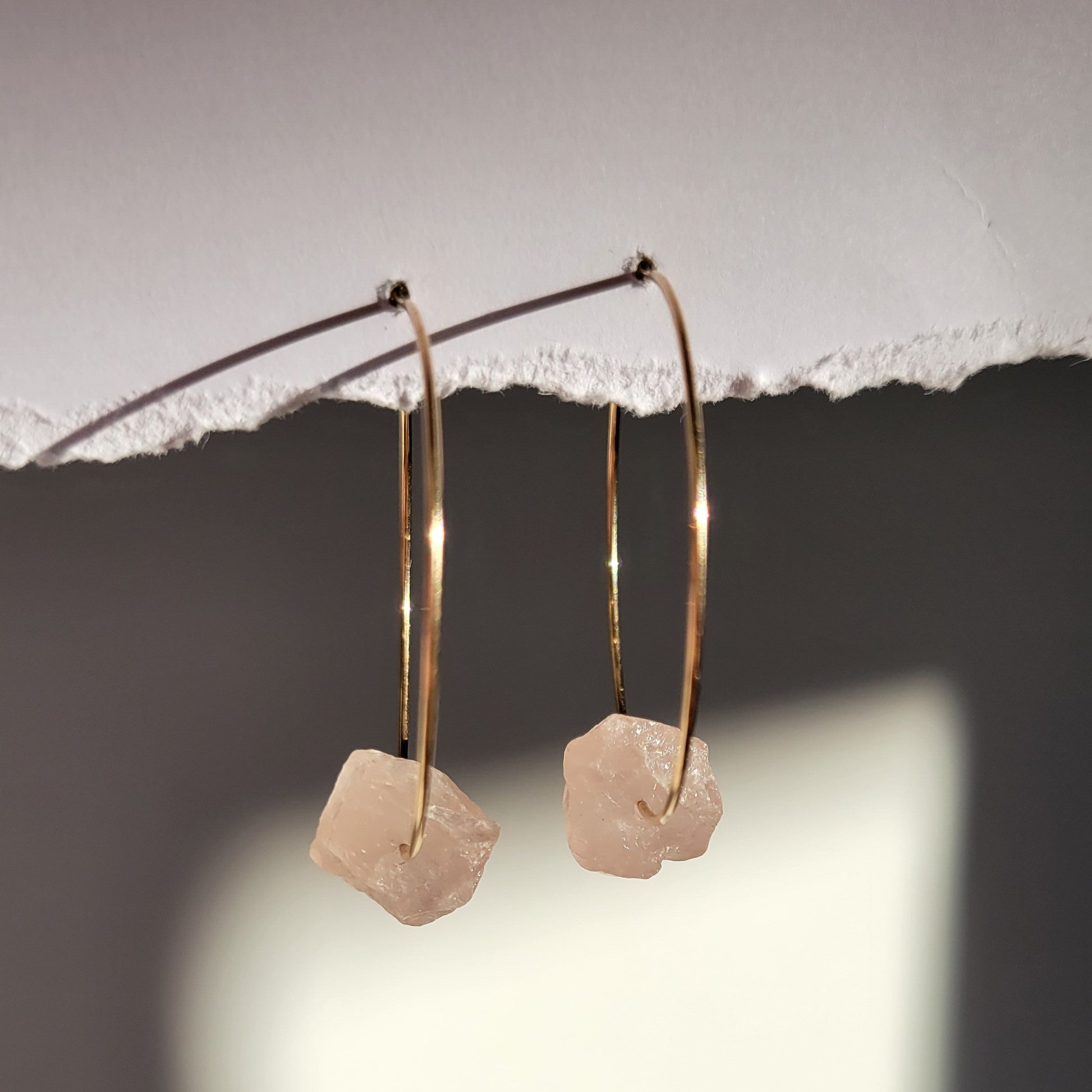 Gold Filled Raw Rose Quartz Hoop Earrings