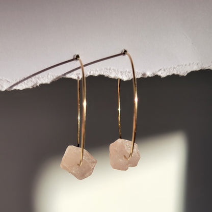 Gold Filled Raw Rose Quartz Hoop Earrings