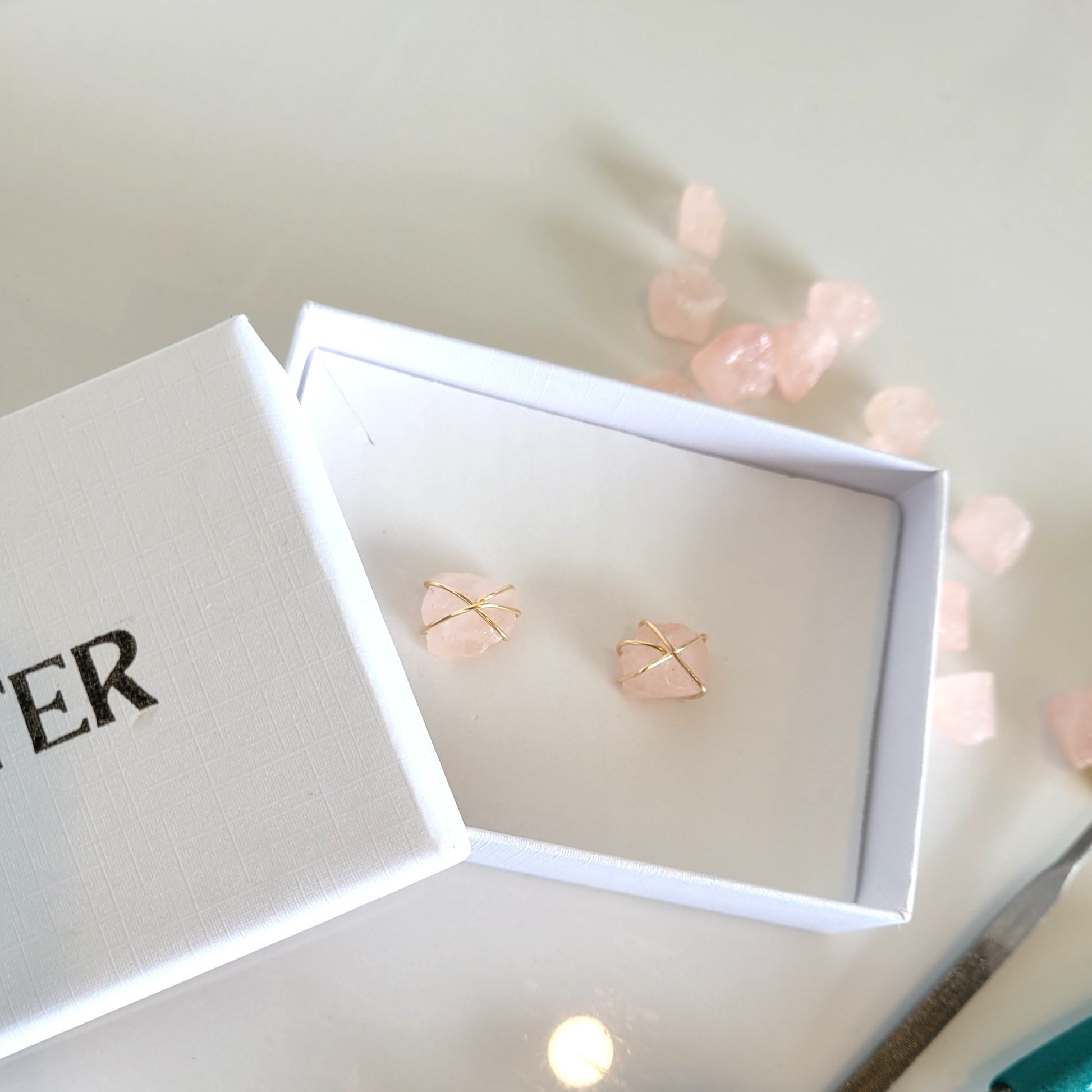 Gold Filled Rose Quartz Wrapped Studs