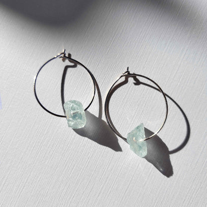 Silver Aquamarine Crystal Hoops