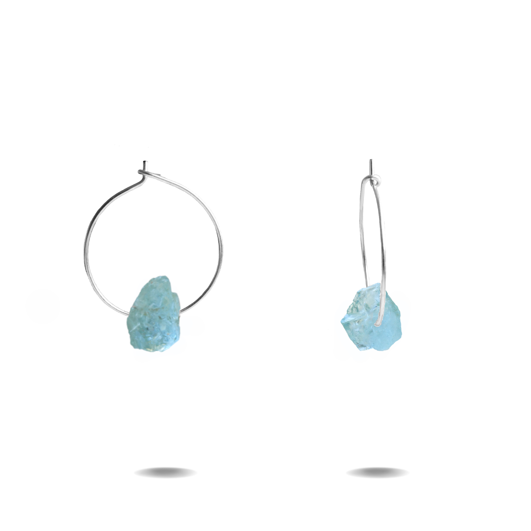 Silver Aquamarine Crystal Hoops