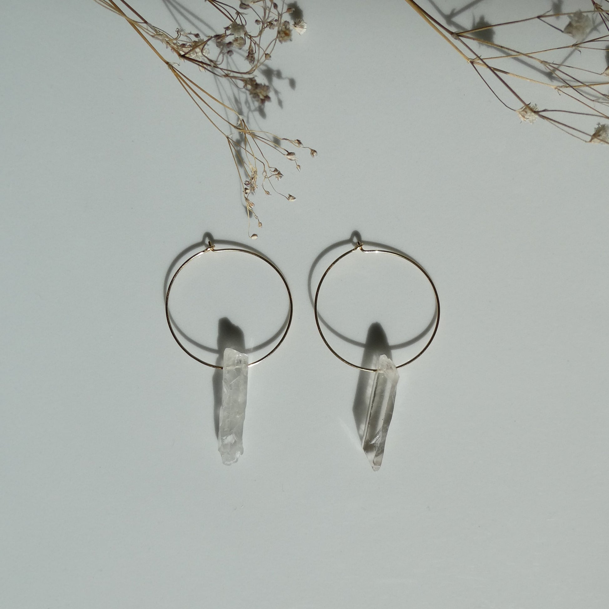 Gold Filled Quartz Point Hoop Earrings